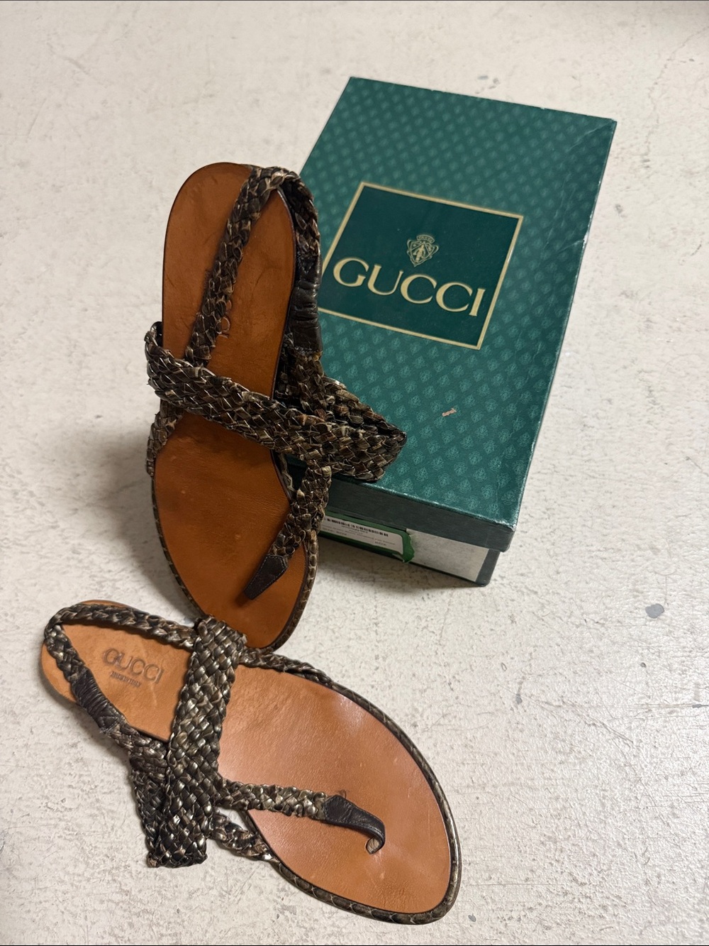 Gucci Braided Leather Thong Sandals in Brown